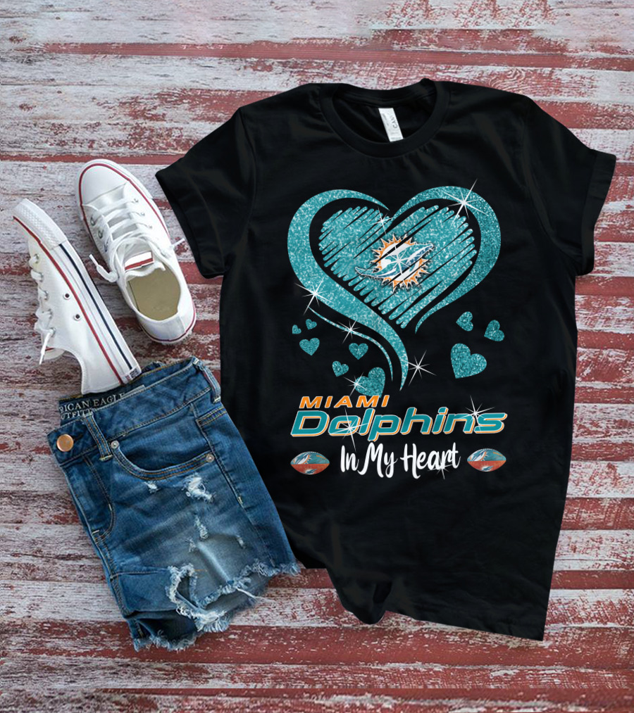 Miami Dolphins In My Heart Sparkling Teal Design With Logo And Hearts T-Shirt