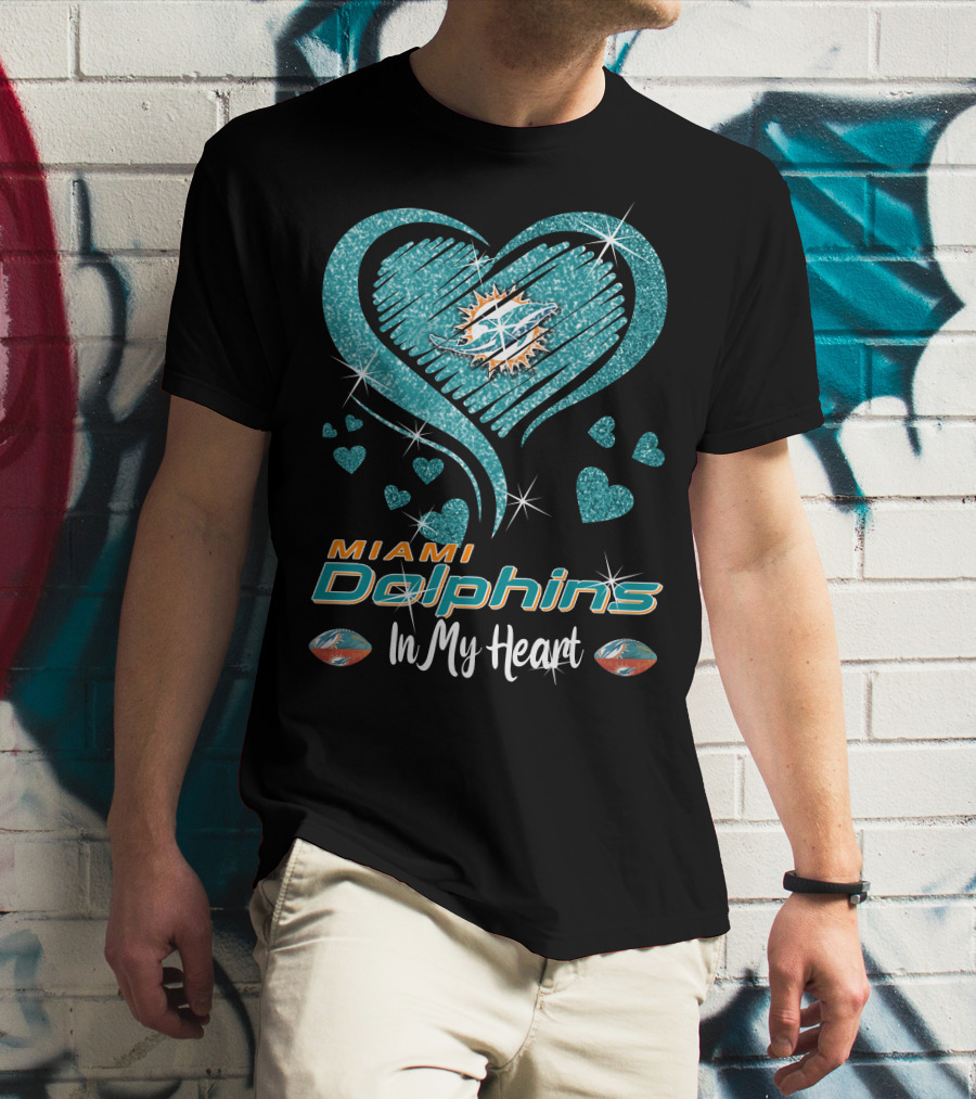 Miami Dolphins In My Heart Sparkling Teal Design With Logo And Hearts T-Shirt