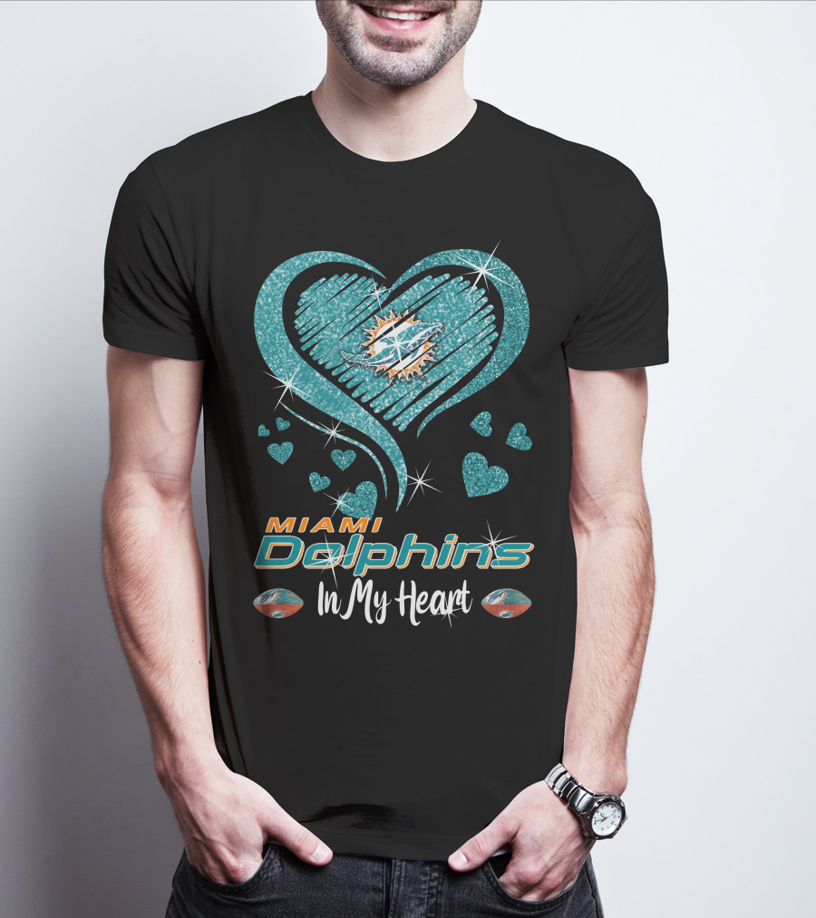 Miami Dolphins In My Heart Sparkling Teal Design With Logo And Hearts T-Shirt