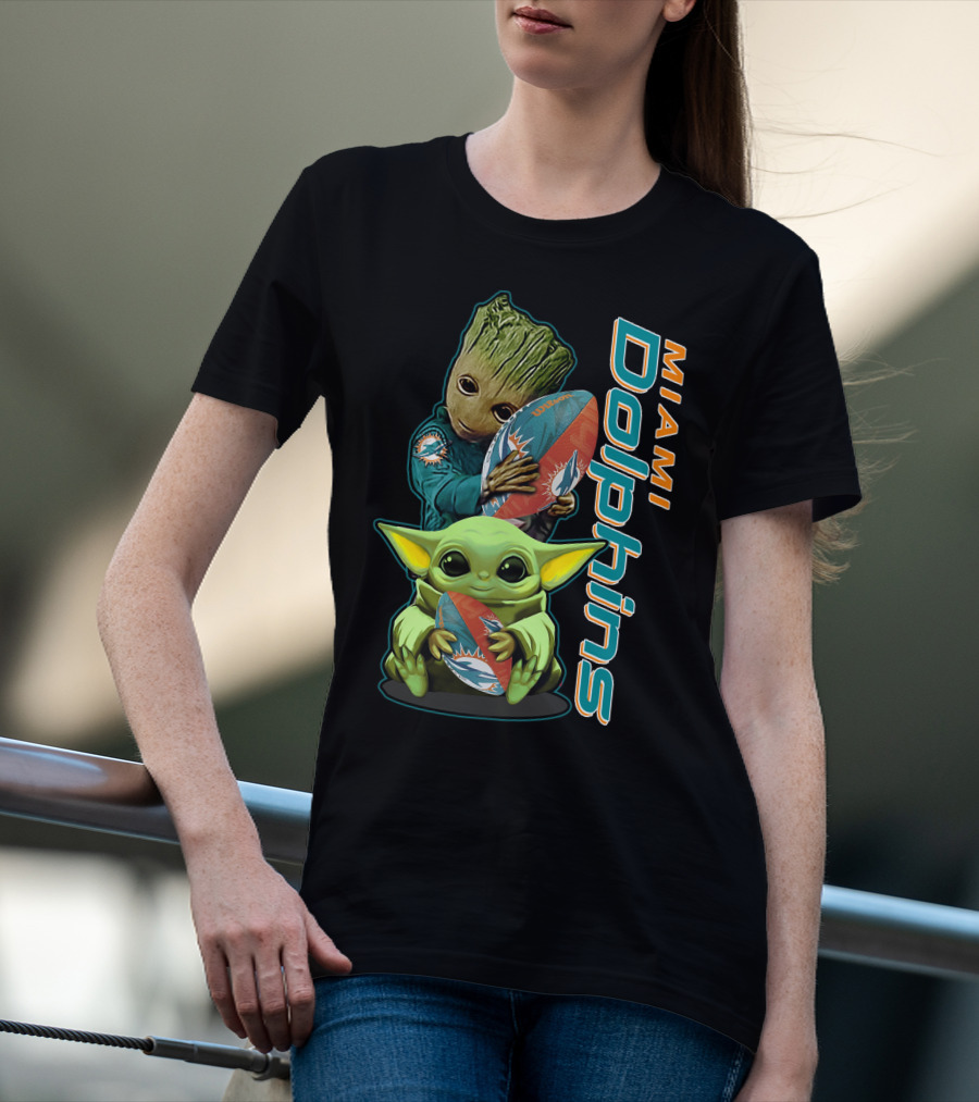 Grzd Miami Dolphins Groot And Baby Yoda Football T-Shirt