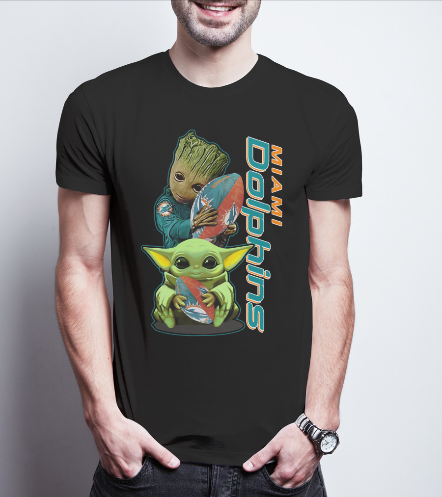 Grzd Miami Dolphins Groot And Baby Yoda Football T-Shirt