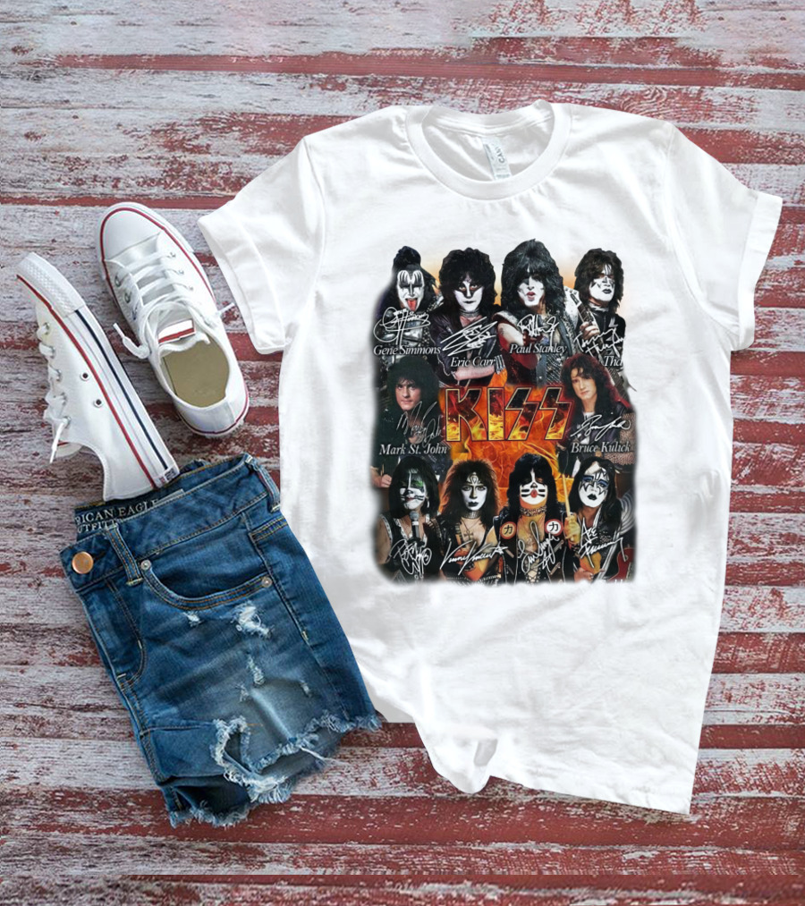 Kiss Band Members Gene Simmons Paul Stanley Peter Criss Ace Frehley Eric Carr Vinnie Vincent Mark St. John Bruce Kulick Eric Singer Thayer Signatures T-Shirt