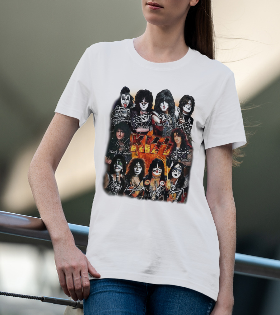 Kiss Band Members Gene Simmons Paul Stanley Peter Criss Ace Frehley Eric Carr Vinnie Vincent Mark St. John Bruce Kulick Eric Singer Thayer Signatures T-Shirt