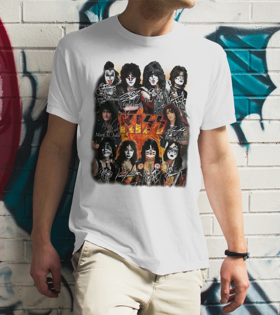 Kiss Band Members Gene Simmons Paul Stanley Peter Criss Ace Frehley Eric Carr Vinnie Vincent Mark St. John Bruce Kulick Eric Singer Thayer Signatures T-Shirt