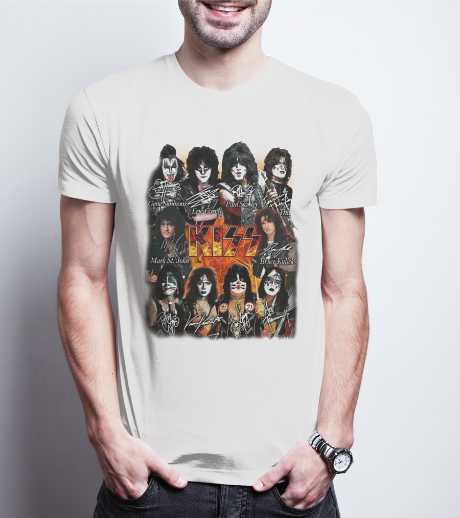 Kiss Band Members Gene Simmons Paul Stanley Peter Criss Ace Frehley Eric Carr Vinnie Vincent Mark St. John Bruce Kulick Eric Singer Thayer Signatures T-Shirt