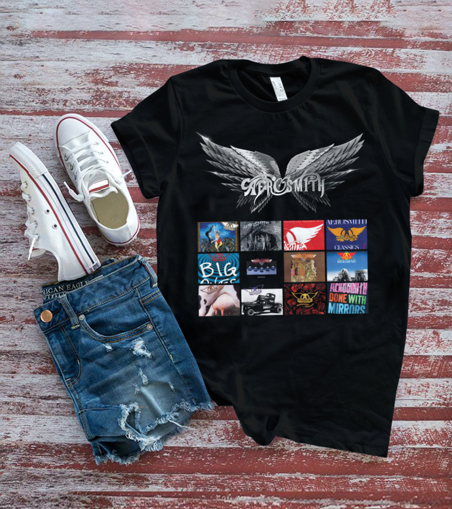 Aerosmith Wings Logo With Album Covers Collection Classics Big Ones Permanent Vacation Pump Done With Mirrors T-Shirt