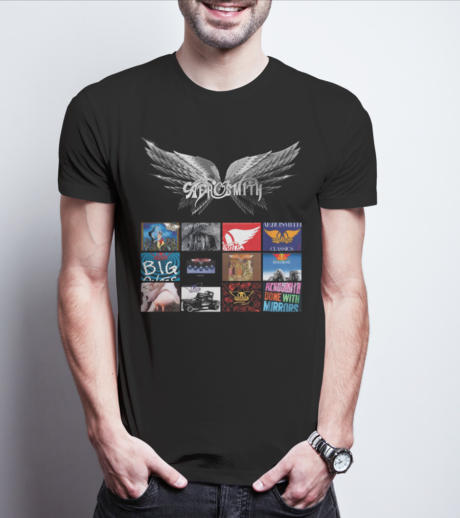Aerosmith Wings Logo With Album Covers Collection Classics Big Ones Permanent Vacation Pump Done With Mirrors T-Shirt