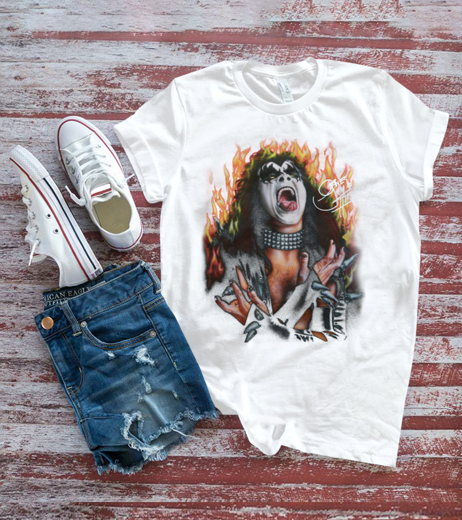 Gene Simmons Demon Makeup Fire Background T-Shirt