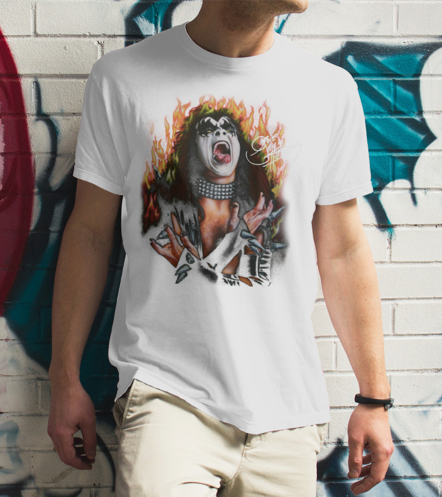 Gene Simmons Demon Makeup Fire Background T-Shirt