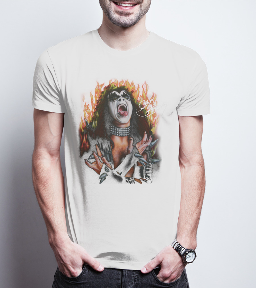 Gene Simmons Demon Makeup Fire Background T-Shirt