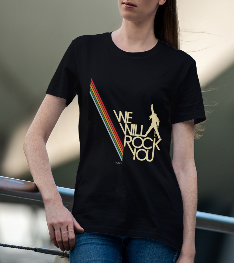 Queen We Will Rock You Silhouette Logo Rainbow Stripes T-Shirt