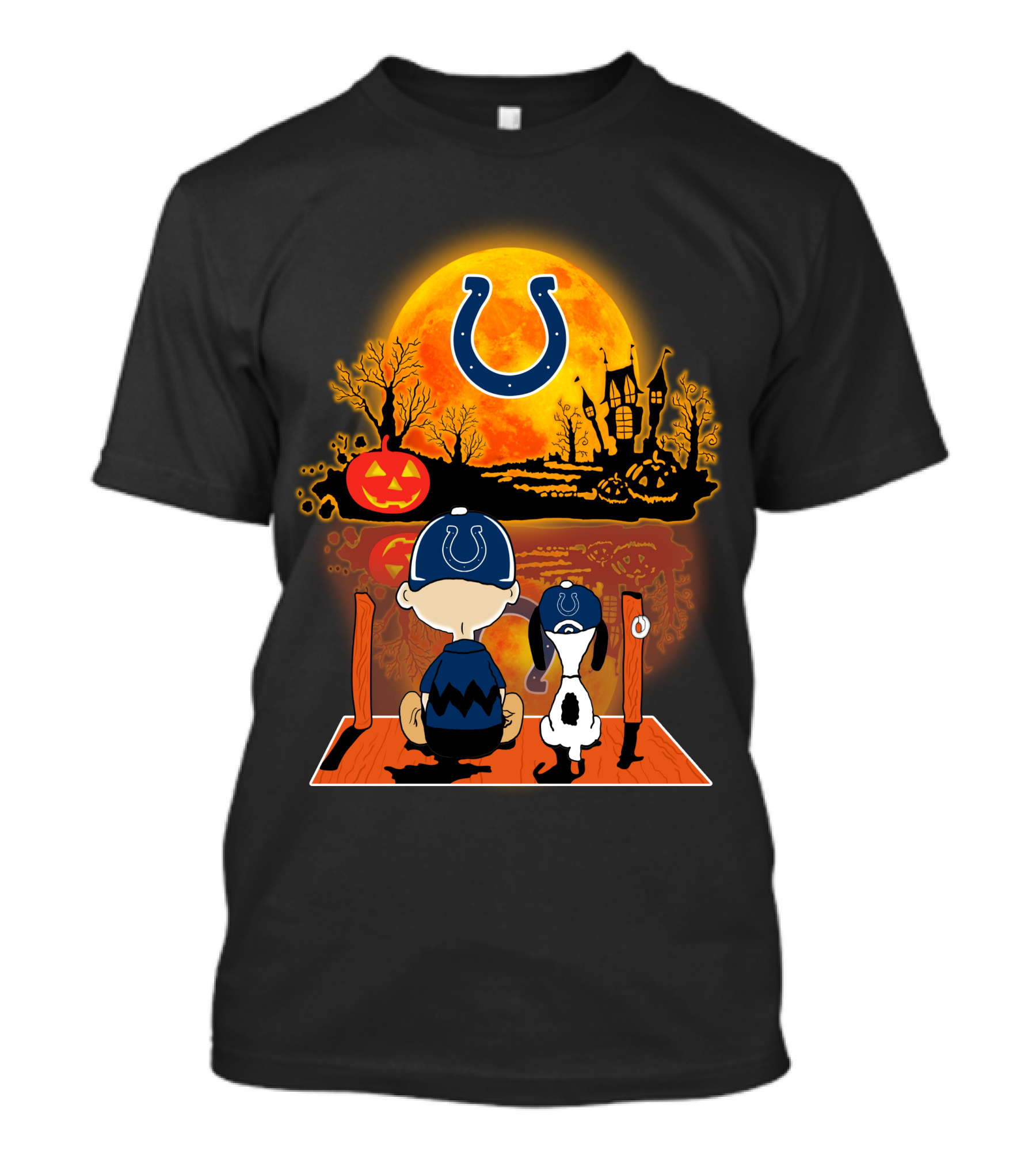 Indianapolis Colts Snoopy And Charlie Brown Halloween Pumpkin Night Scene T-Shirt