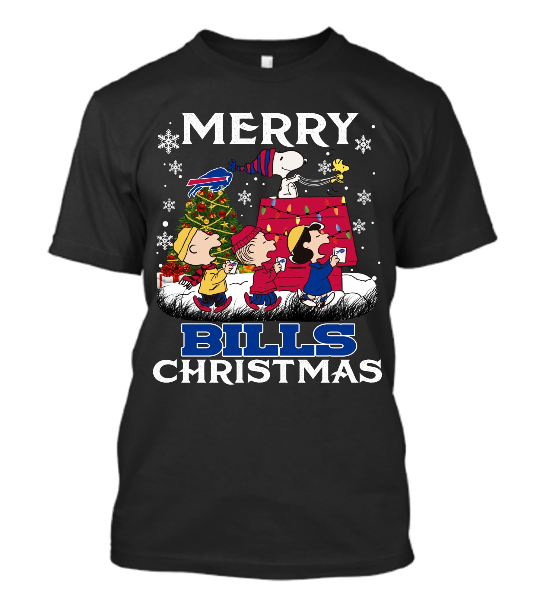 Buffalo Bills Snoopy Merry Christmas With Peanuts Characters And Festive Tree T-Shirt