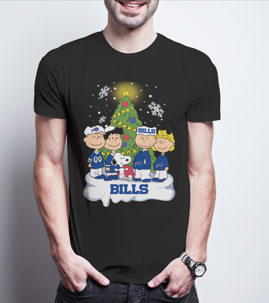 Snoopy And Peanuts Characters Celebrating With Buffalo Bills Christmas Tree T-Shirt