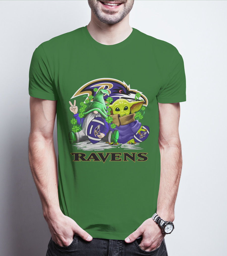Baltimore Ravens St. Patrick's Day Football Gnome And Baby Alien With Shamrocks T-Shirt