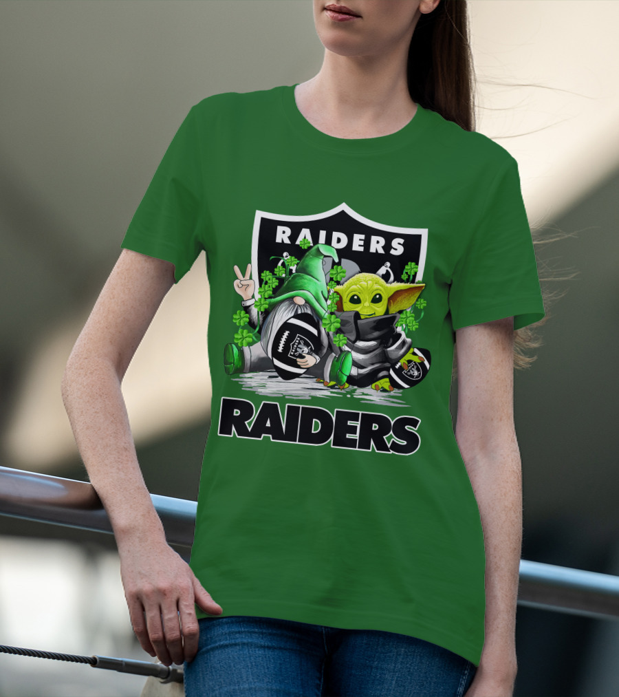 Raiders St. Patrick’s Day Football Gnome And Baby Alien With Clover Footballs T-Shirt