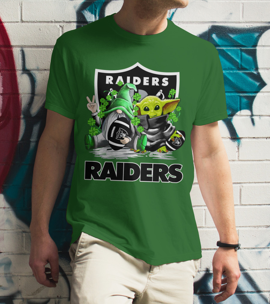 Raiders St. Patrick’s Day Football Gnome And Baby Alien With Clover Footballs T-Shirt