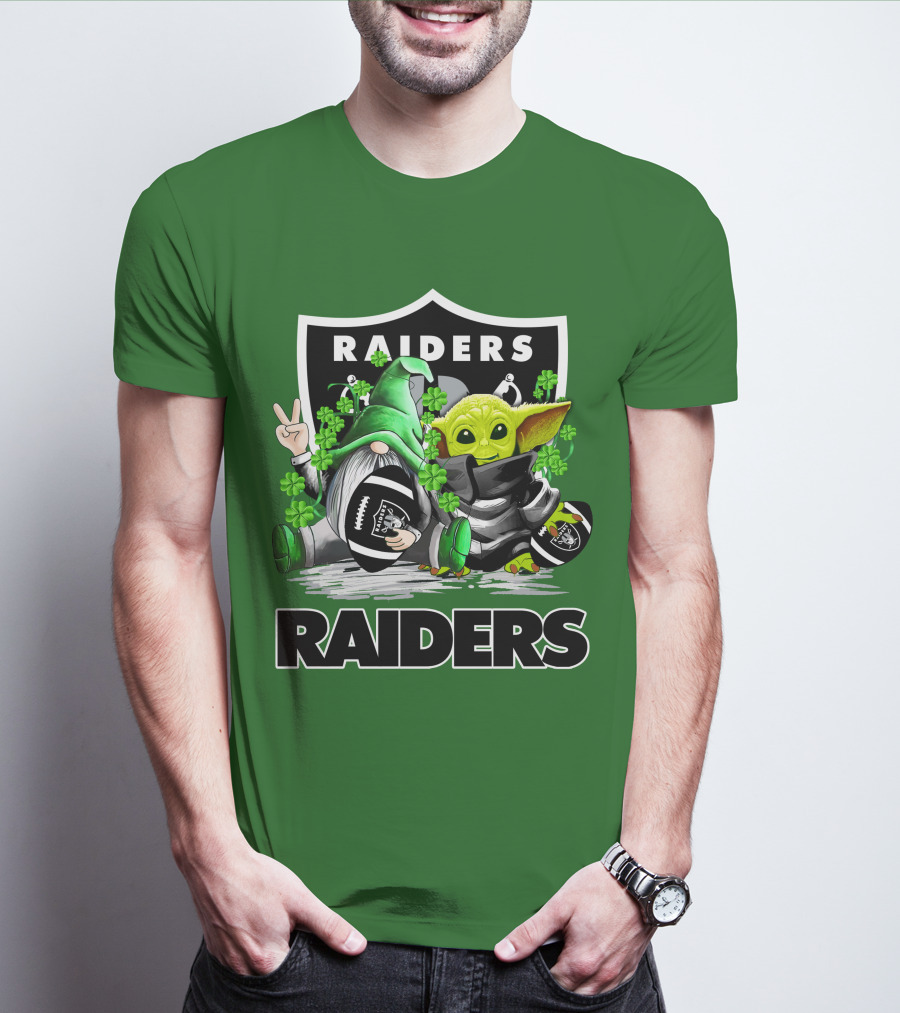 Raiders St. Patrick’s Day Football Gnome And Baby Alien With Clover Footballs T-Shirt