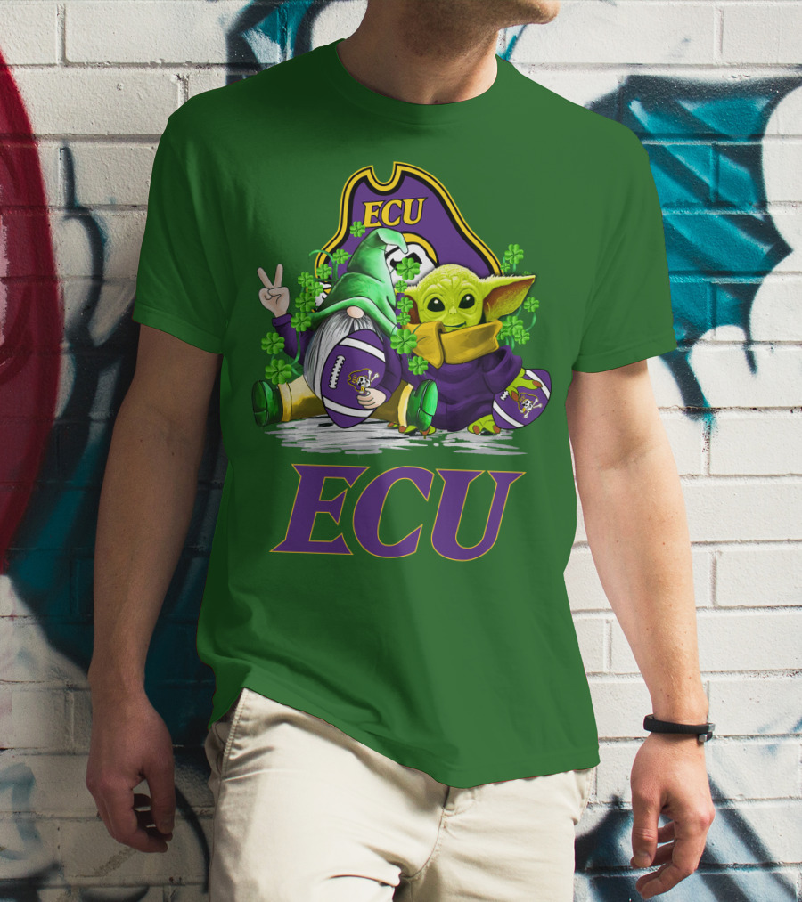 ECU East Carolina Pirates Football St. Patrick's Day Celebration With Gnome And Baby Alien T-Shirt