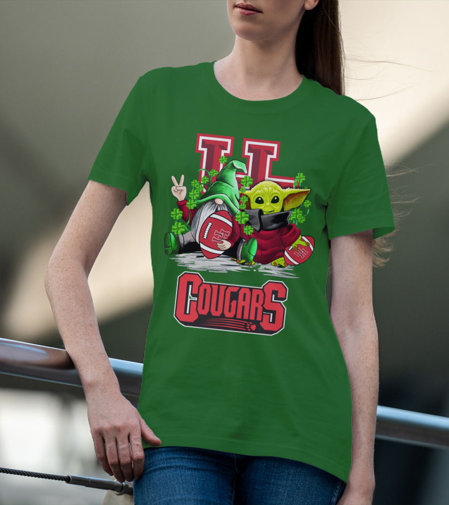 Houston Cougars St. Patrick's Day Football With Gnome And Green Character T-Shirt