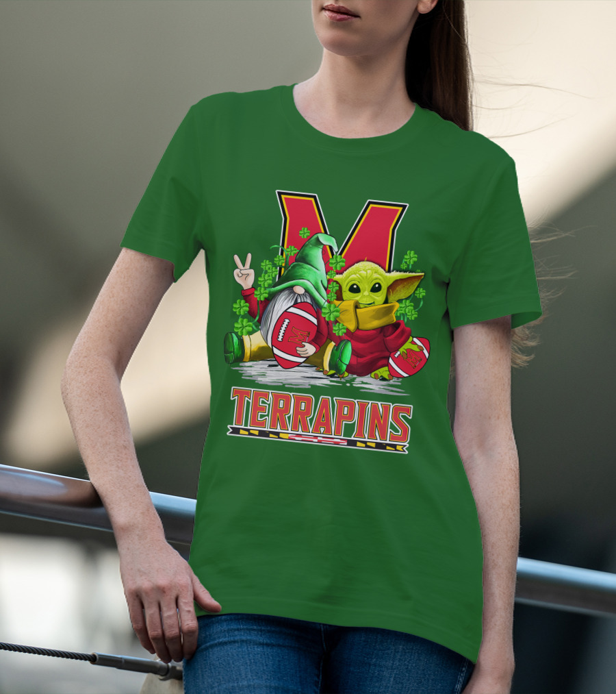 Maryland Terrapins Football St. Patrick's Day Gnome And Baby Yoda T-Shirt