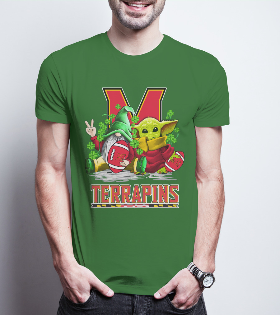 Maryland Terrapins Football St. Patrick's Day Gnome And Baby Yoda T-Shirt