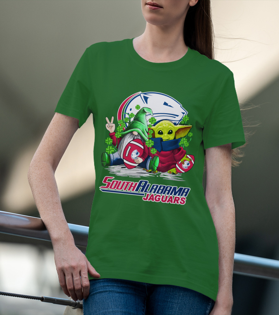 South Alabama Jaguars Football St. Patrick's Day Gnome And Baby Alien With Shamrocks T-Shirt