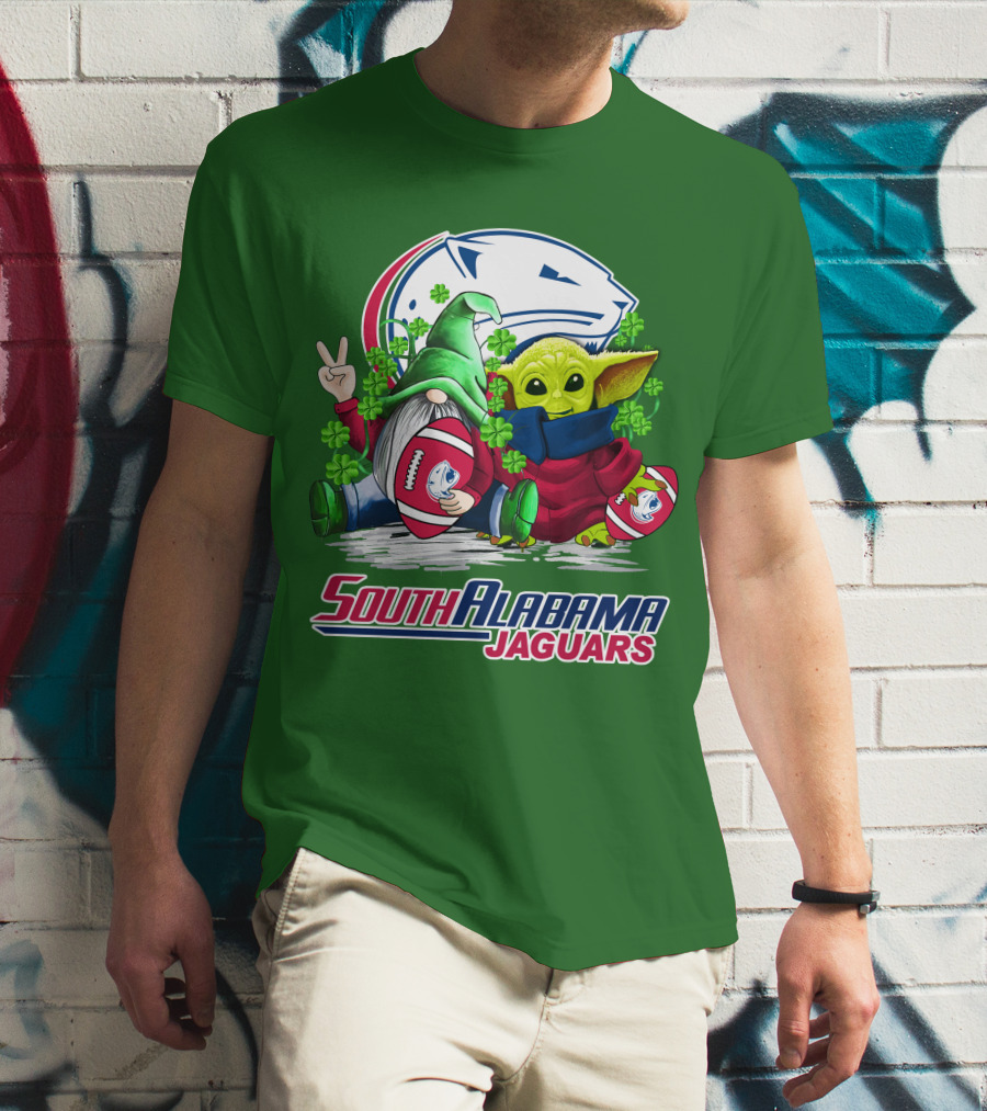 South Alabama Jaguars Football St. Patrick's Day Gnome And Baby Alien With Shamrocks T-Shirt