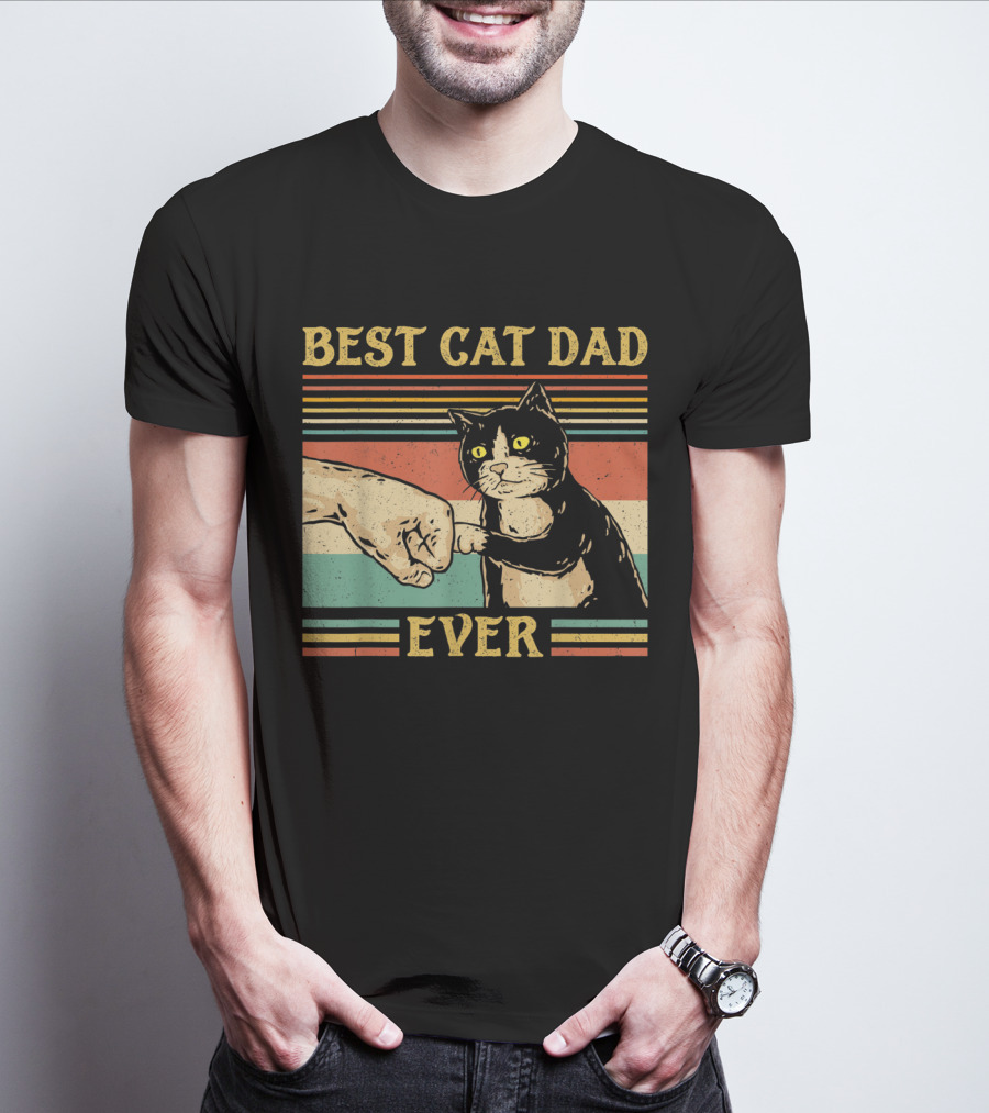 Best Cat Dad Ever Vintage Fist Bump Retro Stripes T-Shirt
