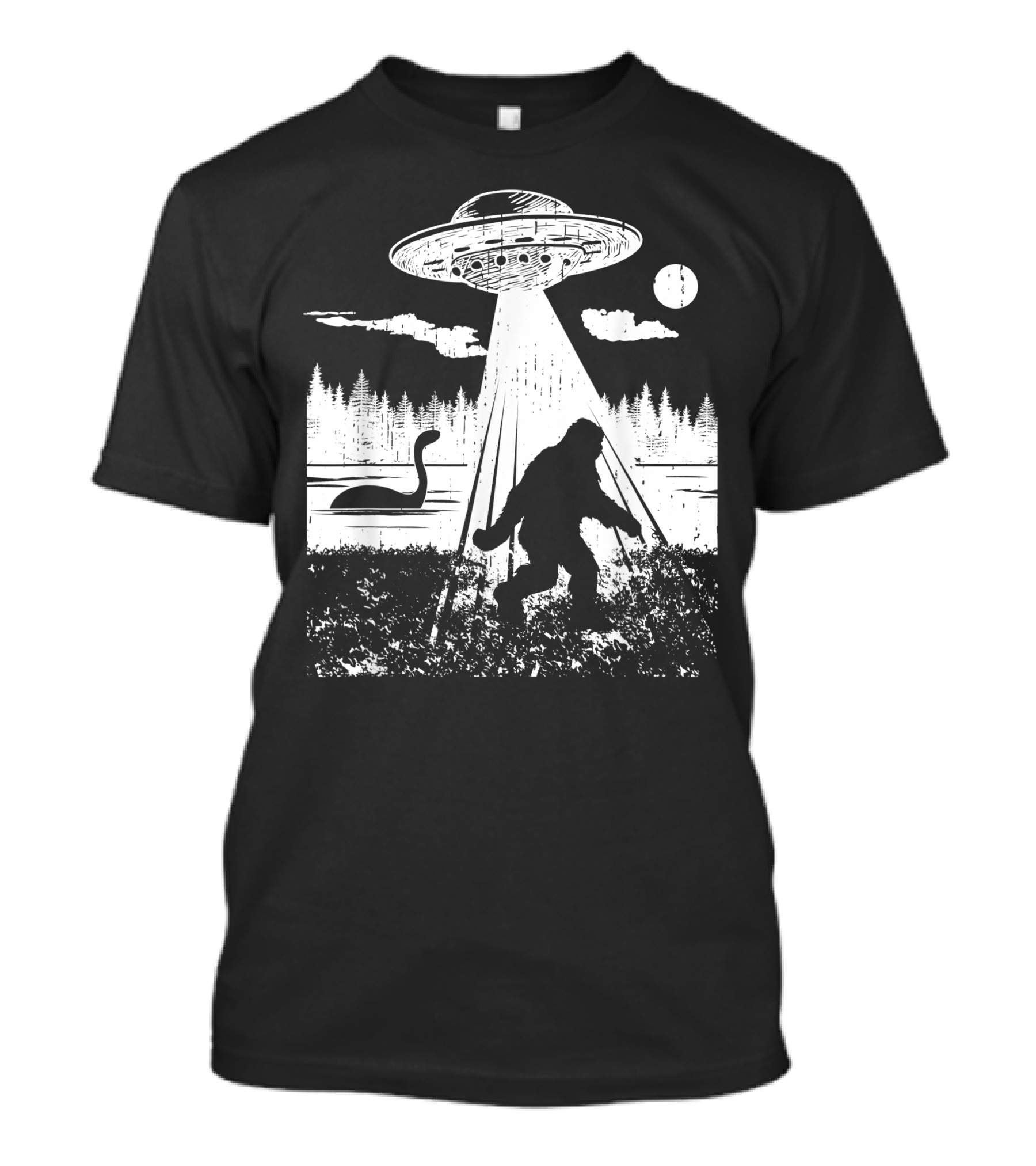 Bigfoot Abduction By UFO With Lake Monster And Full Moon T-Shirt