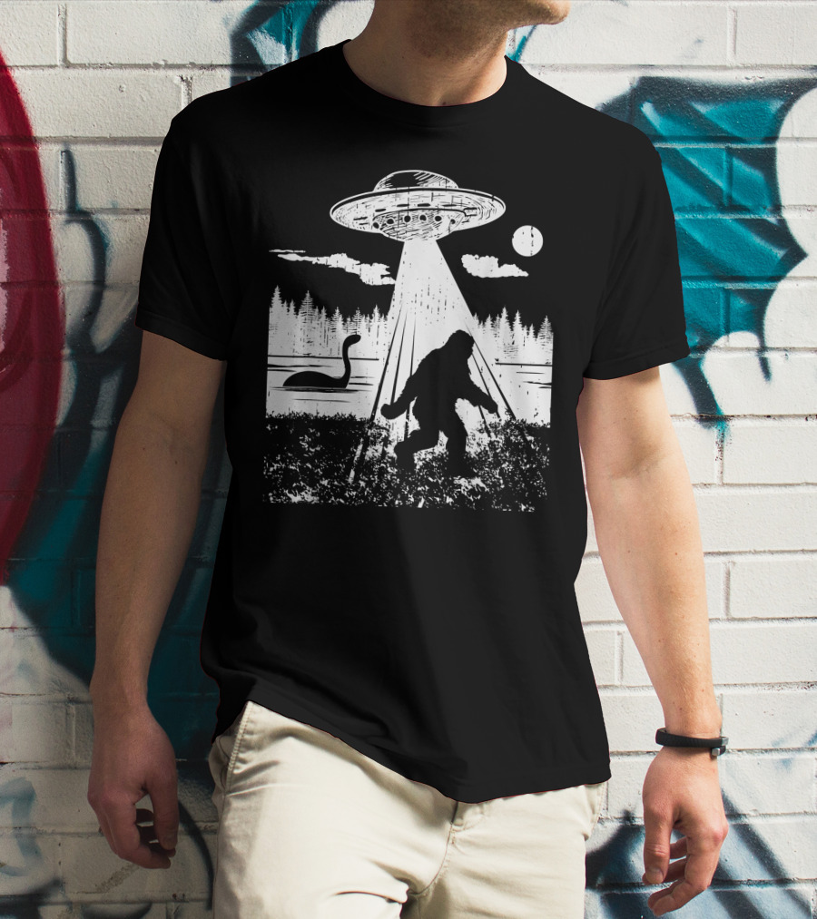 Bigfoot Abduction By UFO With Lake Monster And Full Moon T-Shirt