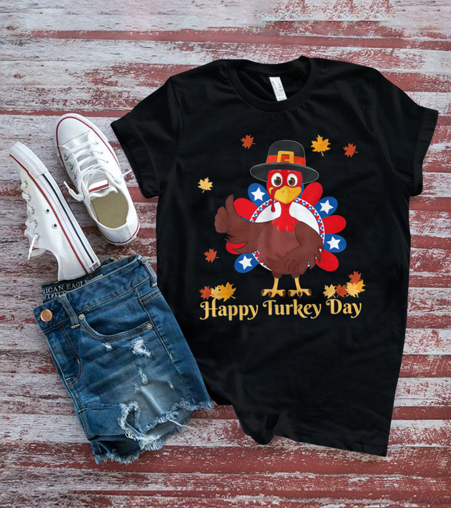 Happy Turkey Day Retro Thanksgiving USA Flag T-Shirt