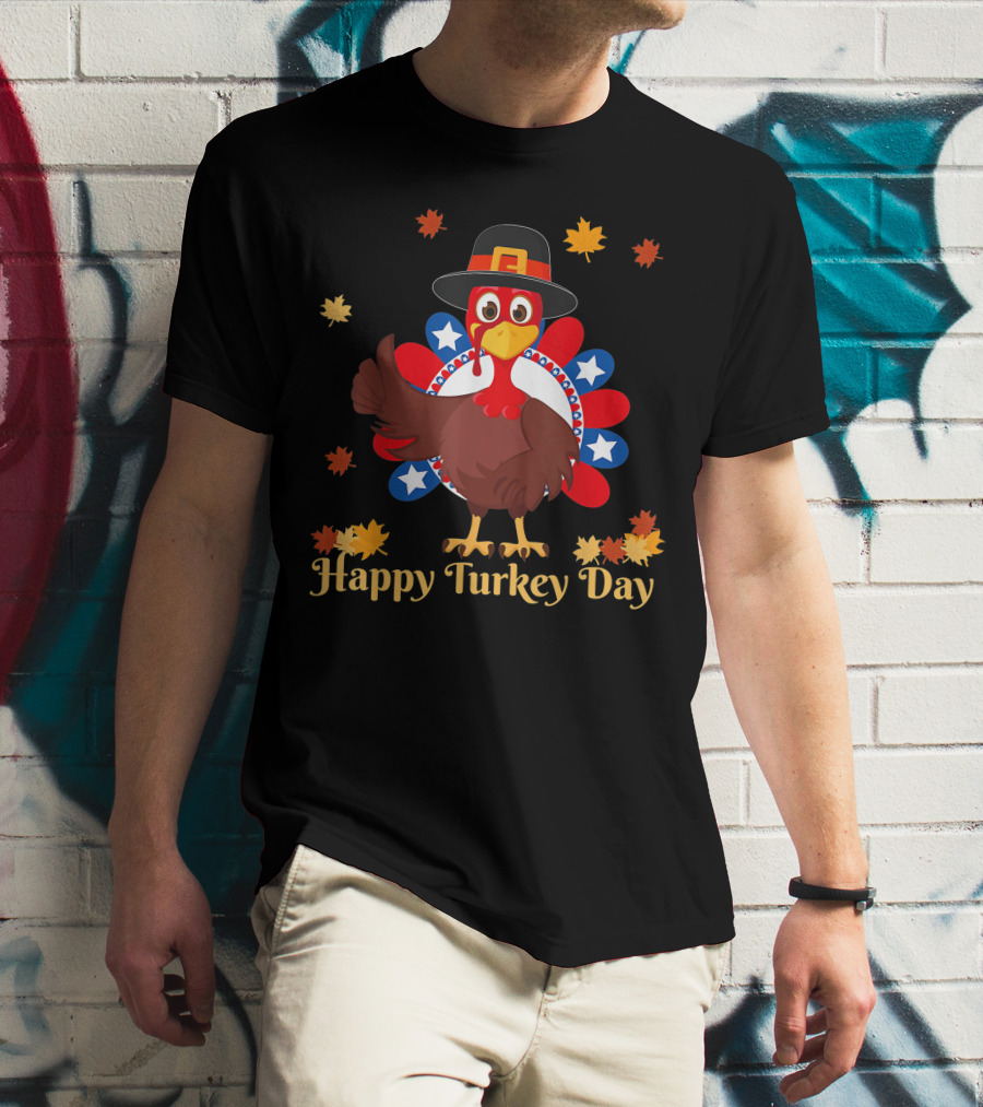 Happy Turkey Day Retro Thanksgiving USA Flag T-Shirt