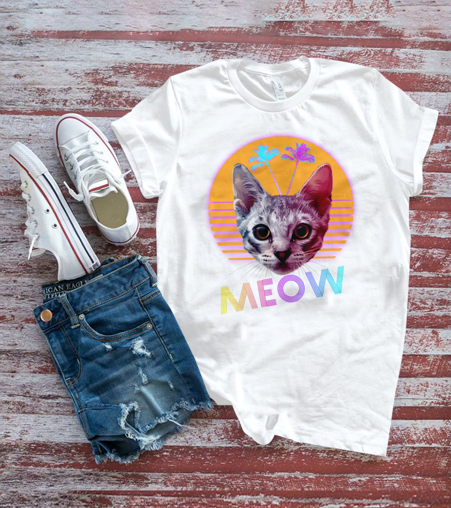 Retro Meow Cat With Palm Trees And Sunset Stripes T-Shirt