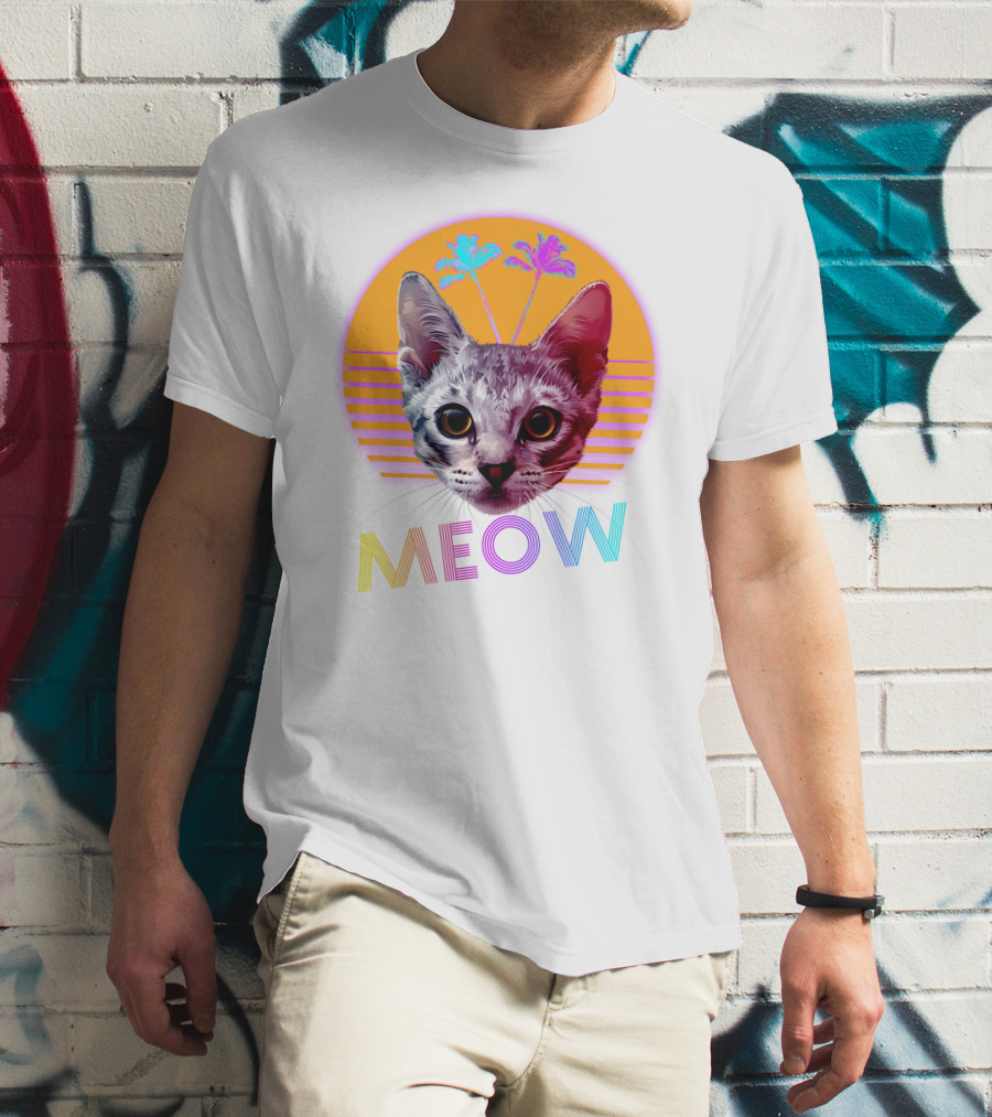 Retro Meow Cat With Palm Trees And Sunset Stripes T-Shirt