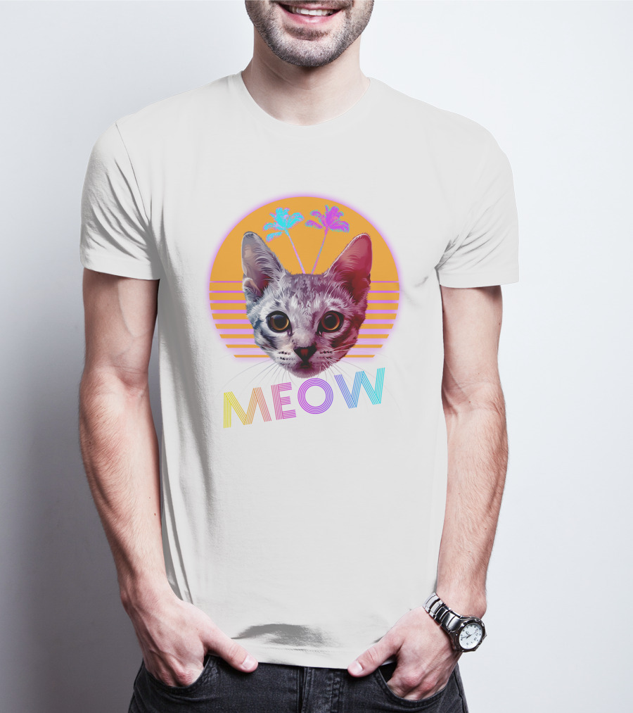 Retro Meow Cat With Palm Trees And Sunset Stripes T-Shirt