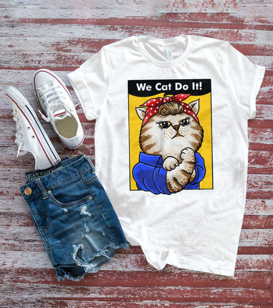 We Cat Do It Humorous Cat With Red Polka Dot Bandana And Blue T-Shirt