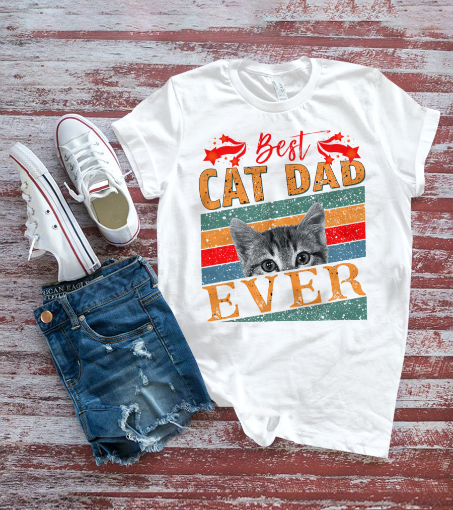 Best Cat Dad Ever Retro Stripes And Stars Kitten T-Shirt
