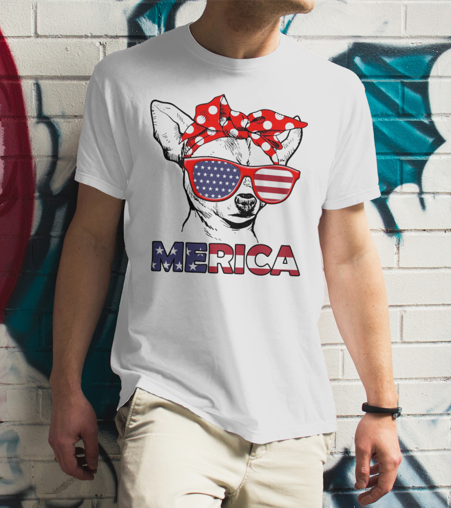 Chihuahua Merica USA Patriotic Glasses And Bandana T-Shirt
