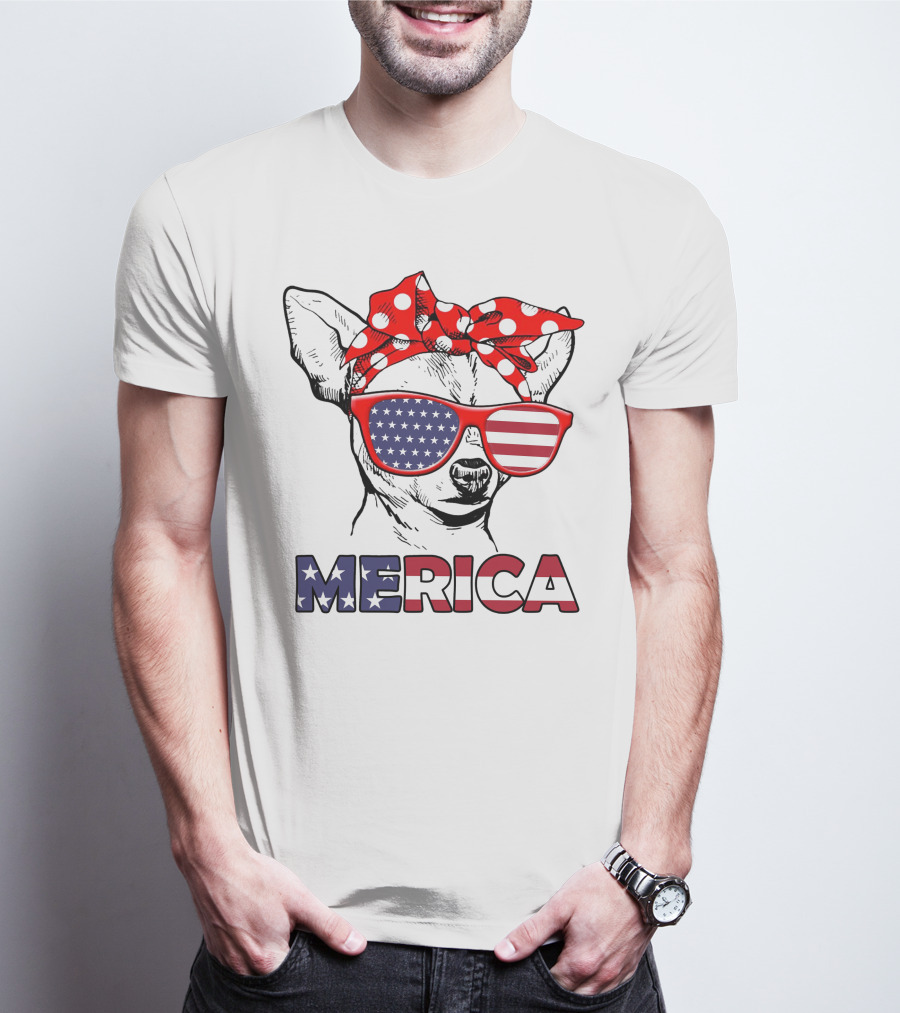 Chihuahua Merica USA Patriotic Glasses And Bandana T-Shirt