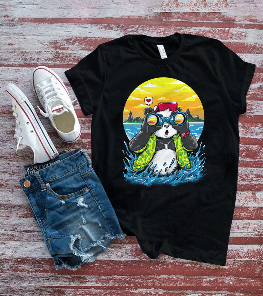 Summer Panda Beach Adventure With Binoculars And Heart T-Shirt