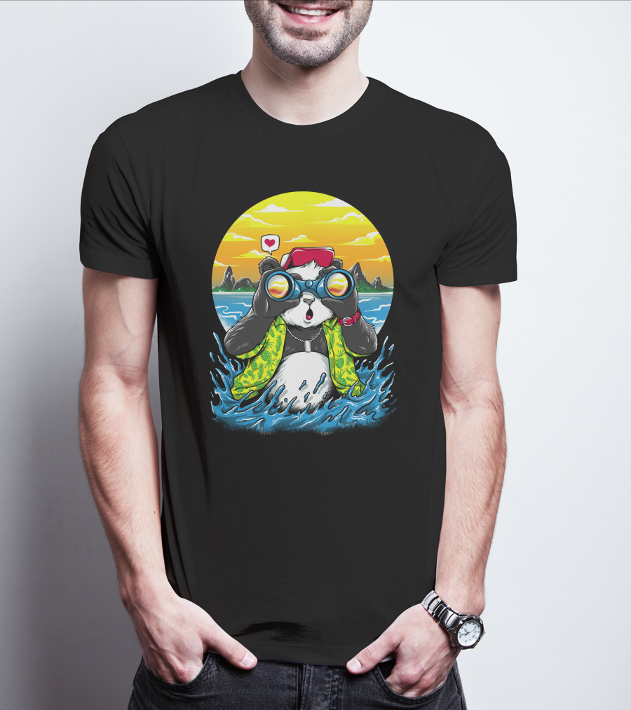 Summer Panda Beach Adventure With Binoculars And Heart T-Shirt