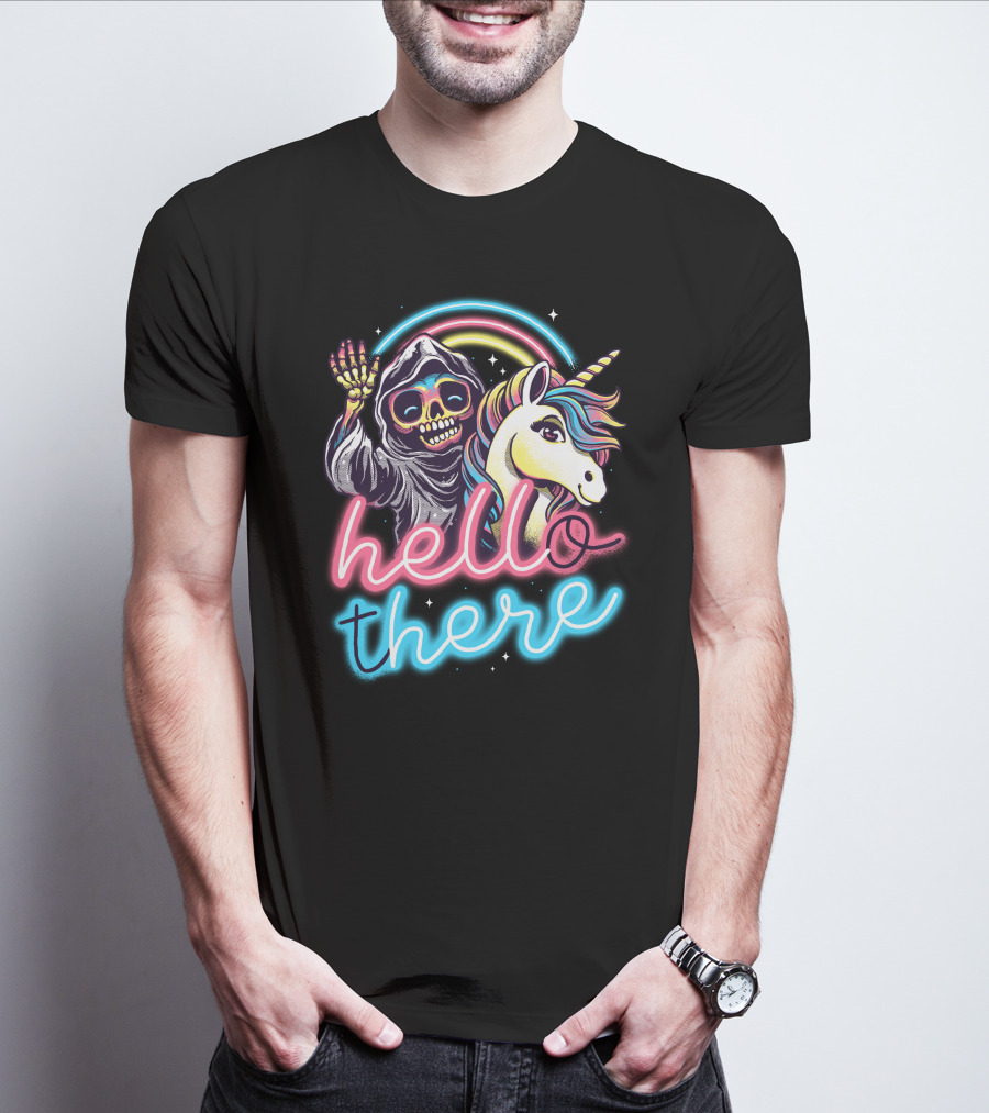 Hello There Grim Reaper And Unicorn Neon Rainbow T-Shirt