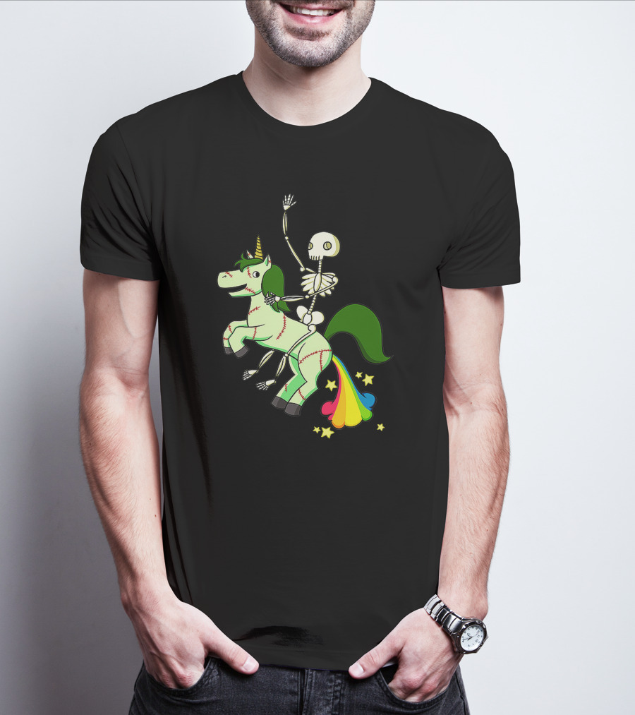 Skull Skeleton Riding Zombie Unicorn With Rainbow Tail And Green Mane T-Shirt