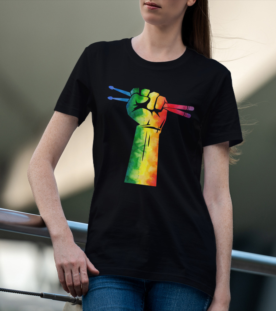 Drumstick Drummer Rainbow Fist T-Shirt