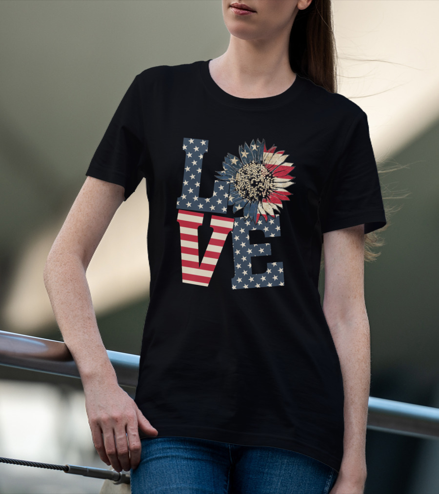 Sunflower Love American Flag Stars And Stripes Flower T-Shirt