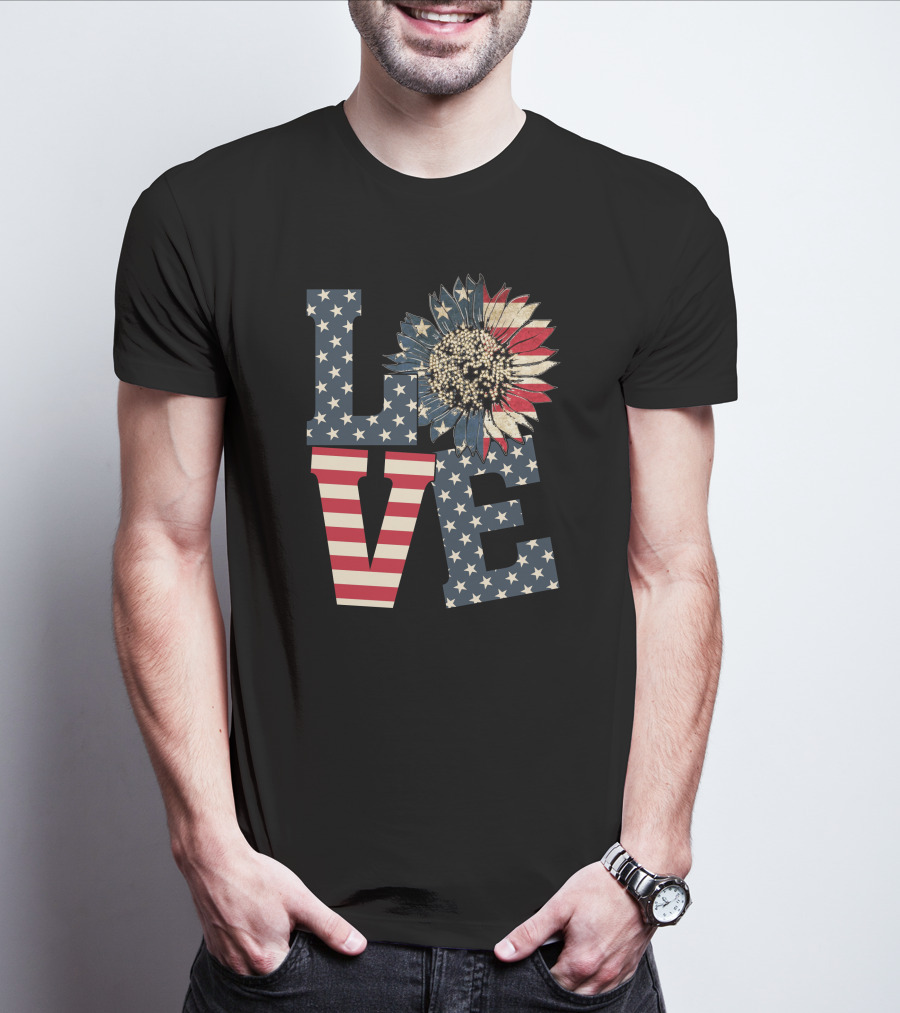 Sunflower Love American Flag Stars And Stripes Flower T-Shirt