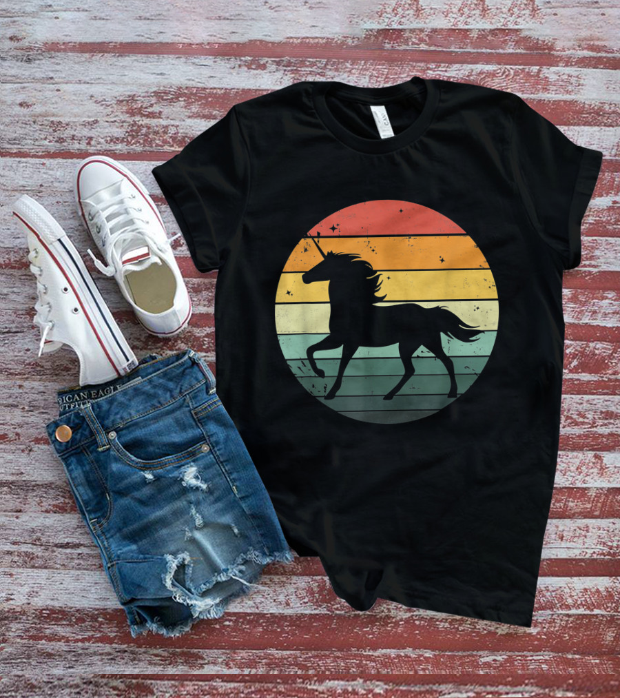 Unicorn Silhouette Against Retro 70s Sunset Stripes T-Shirt