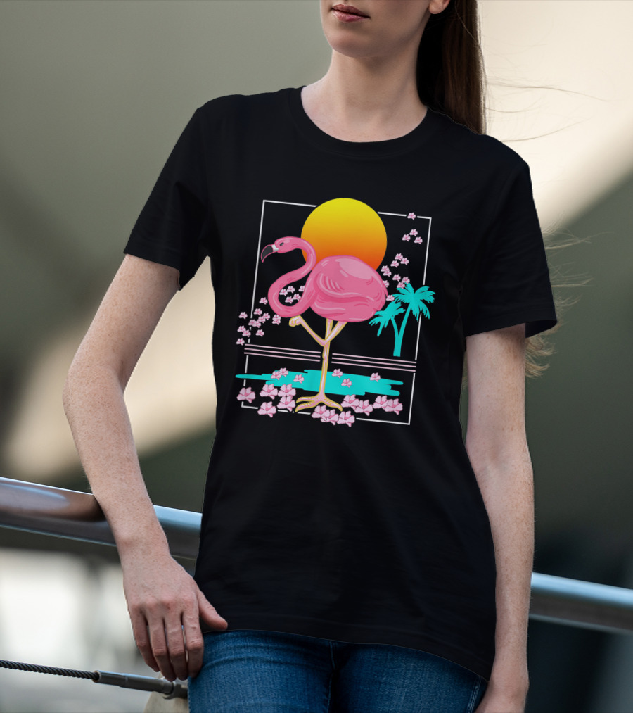 Flamingo Tropical Flowers And Sunset Scene T-Shirt