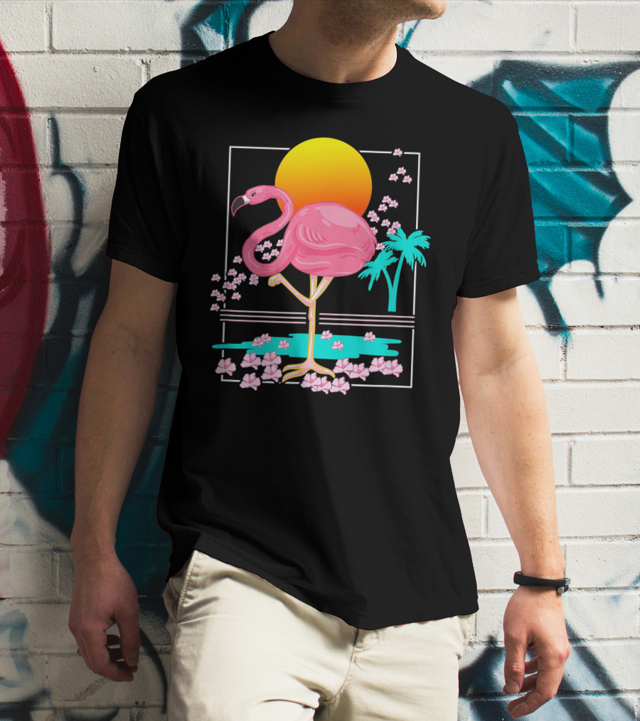 Flamingo Tropical Flowers And Sunset Scene T-Shirt